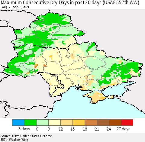 Ukraine, Moldova and Belarus Maximum Consecutive Dry Days in past 30 days (USAF 557th WW) 09/05/2021 Thematic Map For 9/1/2021 - 9/5/2021