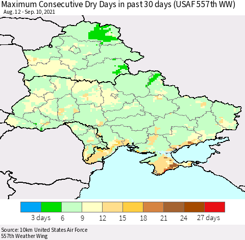 Ukraine, Moldova and Belarus Maximum Consecutive Dry Days in past 30 days (USAF 557th WW) 09/10/2021 Thematic Map For 9/6/2021 - 9/10/2021