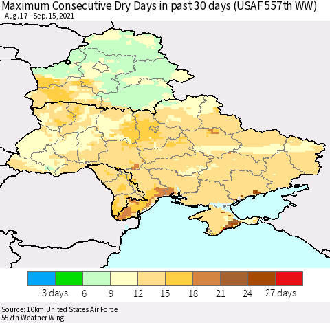 Ukraine, Moldova and Belarus Maximum Consecutive Dry Days in past 30 days (USAF 557th WW) 09/15/2021 Thematic Map For 9/11/2021 - 9/15/2021