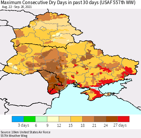 Ukraine, Moldova and Belarus Maximum Consecutive Dry Days in past 30 days (USAF 557th WW) 09/20/2021 Thematic Map For 9/16/2021 - 9/20/2021