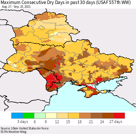 Ukraine, Moldova and Belarus Maximum Consecutive Dry Days in past 30 days (USAF 557th WW) 09/25/2021 Thematic Map For 9/21/2021 - 9/25/2021