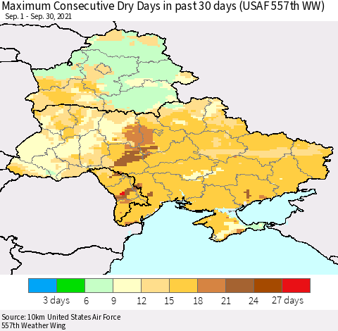Ukraine, Moldova and Belarus Maximum Consecutive Dry Days in past 30 days (USAF 557th WW) 09/30/2021 Thematic Map For 9/26/2021 - 9/30/2021