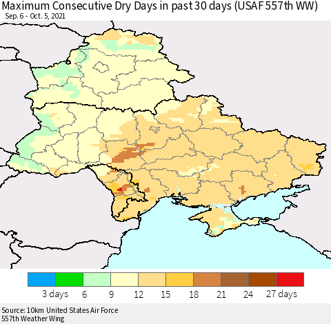 Ukraine, Moldova and Belarus Maximum Consecutive Dry Days in past 30 days (USAF 557th WW) 10/05/2021 Thematic Map For 10/1/2021 - 10/5/2021