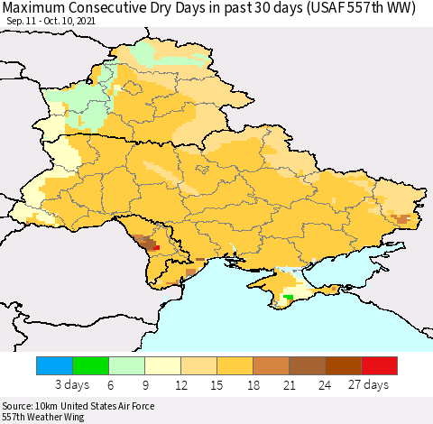 Ukraine, Moldova and Belarus Maximum Consecutive Dry Days in past 30 days (USAF 557th WW) 10/10/2021 Thematic Map For 10/6/2021 - 10/10/2021