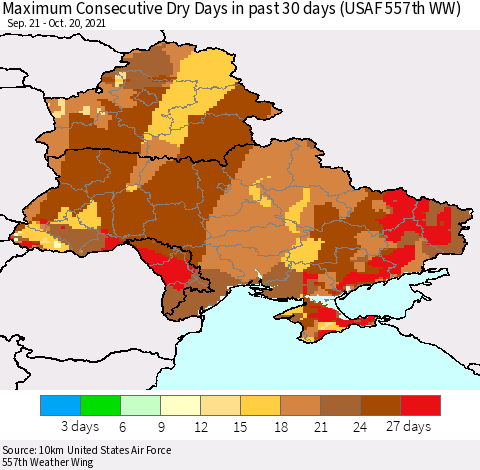 Ukraine, Moldova and Belarus Maximum Consecutive Dry Days in past 30 days (USAF 557th WW) 10/20/2021 Thematic Map For 10/16/2021 - 10/20/2021