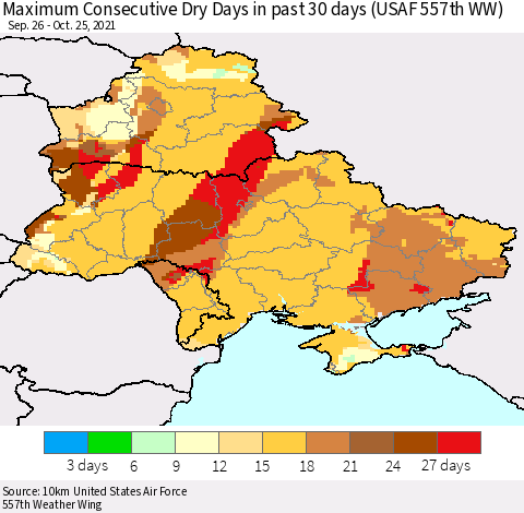 Ukraine, Moldova and Belarus Maximum Consecutive Dry Days in past 30 days (USAF 557th WW) 10/25/2021 Thematic Map For 10/21/2021 - 10/25/2021