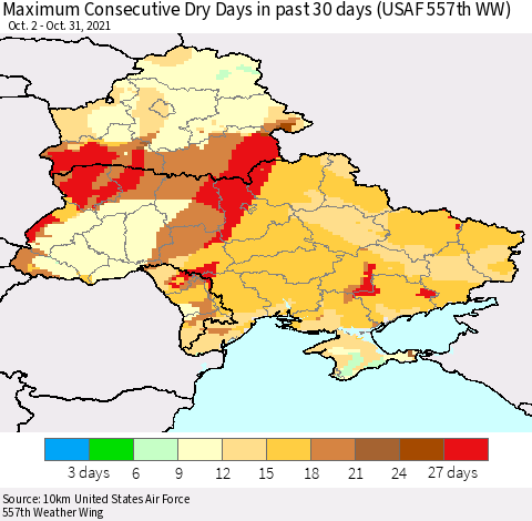 Ukraine, Moldova and Belarus Maximum Consecutive Dry Days in past 30 days (USAF 557th WW) 10/31/2021 Thematic Map For 10/26/2021 - 10/31/2021