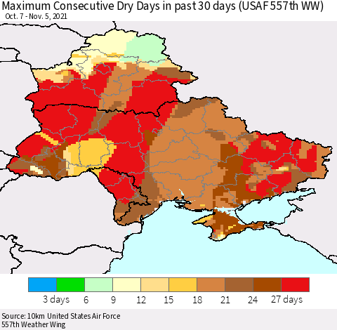Ukraine, Moldova and Belarus Maximum Consecutive Dry Days in past 30 days (USAF 557th WW) 11/05/2021 Thematic Map For 11/1/2021 - 11/5/2021