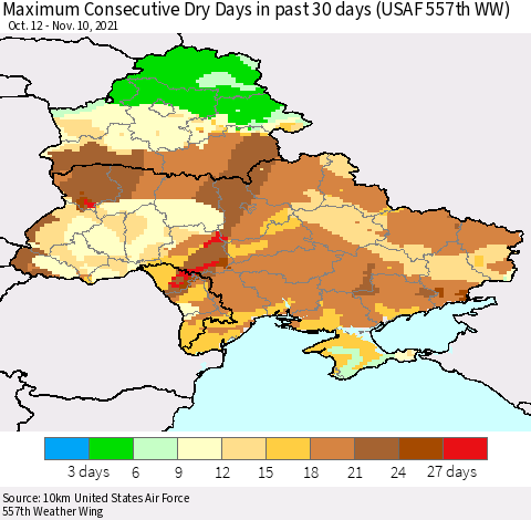Ukraine, Moldova and Belarus Maximum Consecutive Dry Days in past 30 days (USAF 557th WW) 11/10/2021 Thematic Map For 11/6/2021 - 11/10/2021