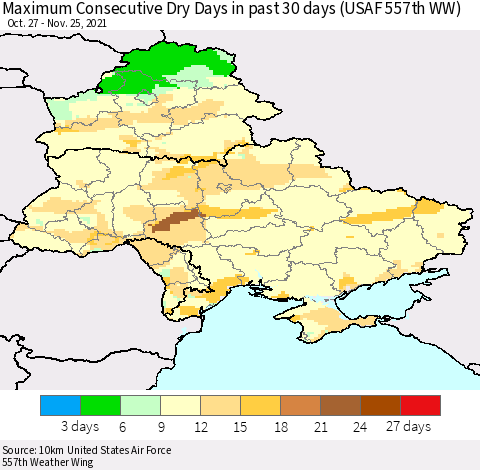 Ukraine, Moldova and Belarus Maximum Consecutive Dry Days in past 30 days (USAF 557th WW) 11/25/2021 Thematic Map For 11/21/2021 - 11/25/2021
