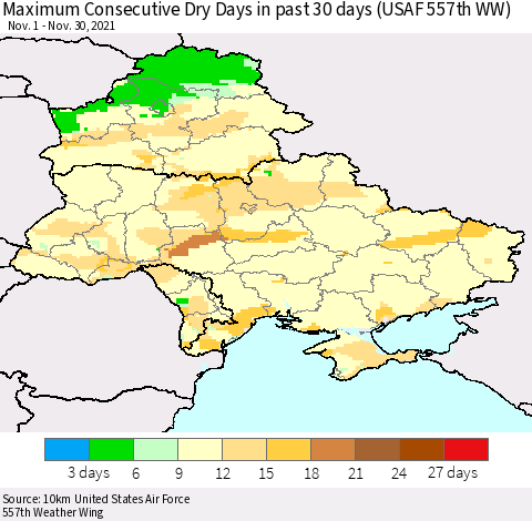 Ukraine, Moldova and Belarus Maximum Consecutive Dry Days in past 30 days (USAF 557th WW) 11/30/2021 Thematic Map For 11/26/2021 - 11/30/2021