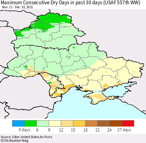 Ukraine, Moldova and Belarus Maximum Consecutive Dry Days in past 30 days (USAF 557th WW) 12/10/2021 Thematic Map For 12/6/2021 - 12/10/2021