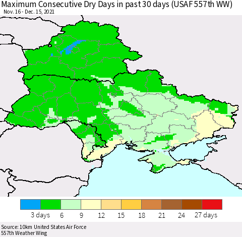 Ukraine, Moldova and Belarus Maximum Consecutive Dry Days in past 30 days (USAF 557th WW) 12/15/2021 Thematic Map For 12/11/2021 - 12/15/2021