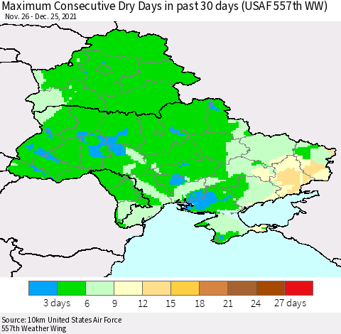 Ukraine, Moldova and Belarus Maximum Consecutive Dry Days in past 30 days (USAF 557th WW) 12/25/2021 Thematic Map For 12/21/2021 - 12/25/2021
