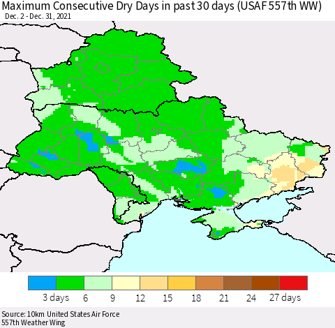 Ukraine, Moldova and Belarus Maximum Consecutive Dry Days in past 30 days (USAF 557th WW) 12/31/2021 Thematic Map For 12/26/2021 - 12/31/2021