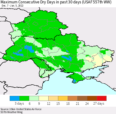 Ukraine, Moldova and Belarus Maximum Consecutive Dry Days in past 30 days (USAF 557th WW) 01/05/2022 Thematic Map For 1/1/2022 - 1/5/2022
