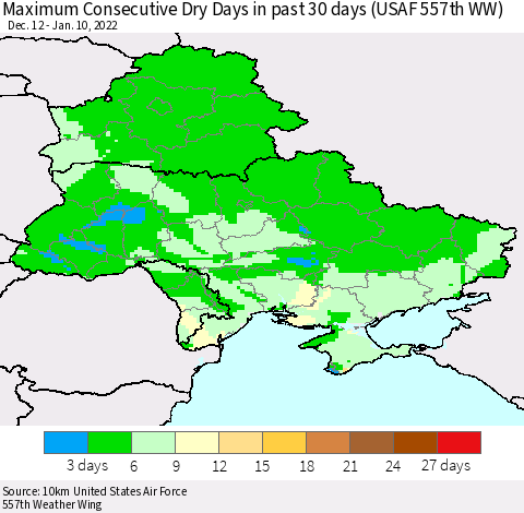 Ukraine, Moldova and Belarus Maximum Consecutive Dry Days in past 30 days (USAF 557th WW) 01/10/2022 Thematic Map For 1/6/2022 - 1/10/2022
