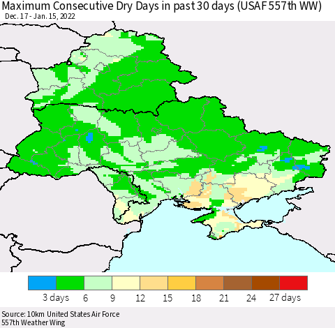 Ukraine, Moldova and Belarus Maximum Consecutive Dry Days in past 30 days (USAF 557th WW) 01/15/2022 Thematic Map For 1/11/2022 - 1/15/2022