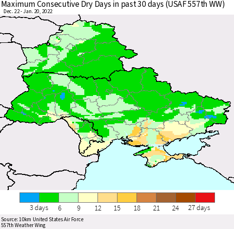 Ukraine, Moldova and Belarus Maximum Consecutive Dry Days in past 30 days (USAF 557th WW) 01/20/2022 Thematic Map For 1/16/2022 - 1/20/2022