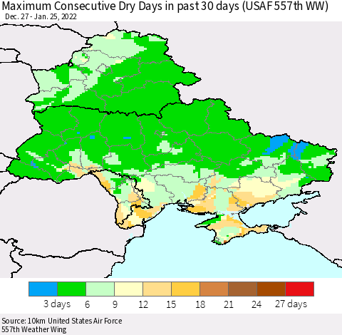 Ukraine, Moldova and Belarus Maximum Consecutive Dry Days in past 30 days (USAF 557th WW) 01/25/2022 Thematic Map For 1/21/2022 - 1/25/2022