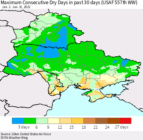 Ukraine, Moldova and Belarus Maximum Consecutive Dry Days in past 30 days (USAF 557th WW) 01/31/2022 Thematic Map For 1/26/2022 - 1/31/2022