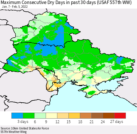 Ukraine, Moldova and Belarus Maximum Consecutive Dry Days in past 30 days (USAF 557th WW) 02/05/2022 Thematic Map For 2/1/2022 - 2/5/2022