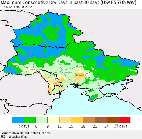 Ukraine, Moldova and Belarus Maximum Consecutive Dry Days in past 30 days (USAF 557th WW) 02/10/2022 Thematic Map For 2/6/2022 - 2/10/2022