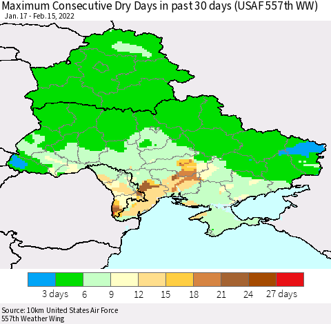 Ukraine, Moldova and Belarus Maximum Consecutive Dry Days in past 30 days (USAF 557th WW) 02/15/2022 Thematic Map For 2/11/2022 - 2/15/2022
