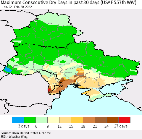Ukraine, Moldova and Belarus Maximum Consecutive Dry Days in past 30 days (USAF 557th WW) 02/20/2022 Thematic Map For 2/16/2022 - 2/20/2022