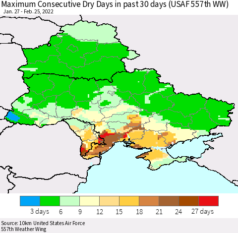 Ukraine, Moldova and Belarus Maximum Consecutive Dry Days in past 30 days (USAF 557th WW) 02/25/2022 Thematic Map For 2/21/2022 - 2/25/2022