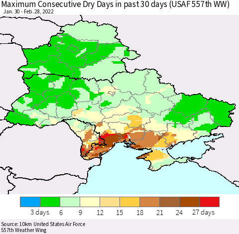 Ukraine, Moldova and Belarus Maximum Consecutive Dry Days in past 30 days (USAF 557th WW) 02/28/2022 Thematic Map For 2/26/2022 - 2/28/2022