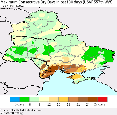 Ukraine, Moldova and Belarus Maximum Consecutive Dry Days in past 30 days (USAF 557th WW) 03/05/2022 Thematic Map For 3/1/2022 - 3/5/2022