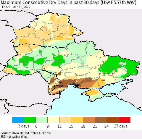 Ukraine, Moldova and Belarus Maximum Consecutive Dry Days in past 30 days (USAF 557th WW) 03/10/2022 Thematic Map For 3/6/2022 - 3/10/2022
