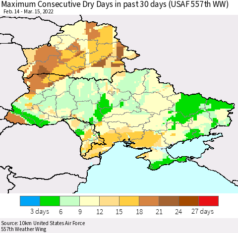 Ukraine, Moldova and Belarus Maximum Consecutive Dry Days in past 30 days (USAF 557th WW) 03/15/2022 Thematic Map For 3/11/2022 - 3/15/2022