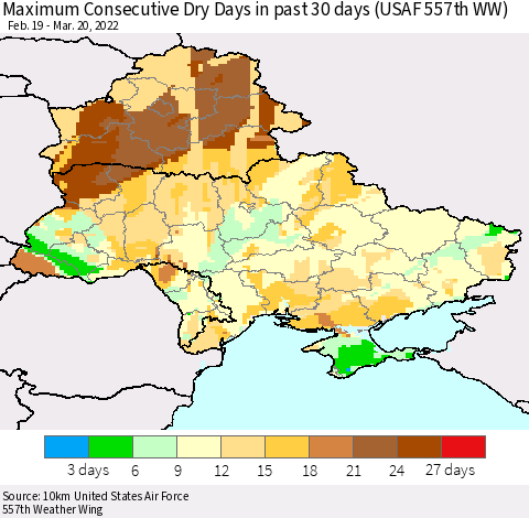 Ukraine, Moldova and Belarus Maximum Consecutive Dry Days in past 30 days (USAF 557th WW) 03/20/2022 Thematic Map For 3/16/2022 - 3/20/2022