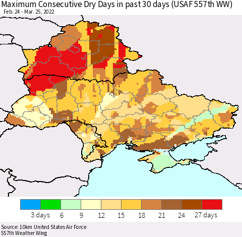 Ukraine, Moldova and Belarus Maximum Consecutive Dry Days in past 30 days (USAF 557th WW) 03/25/2022 Thematic Map For 3/21/2022 - 3/25/2022