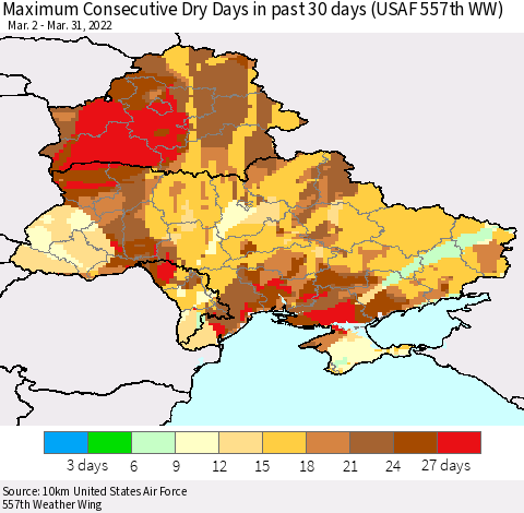 Ukraine, Moldova and Belarus Maximum Consecutive Dry Days in past 30 days (USAF 557th WW) 03/31/2022 Thematic Map For 3/26/2022 - 3/31/2022