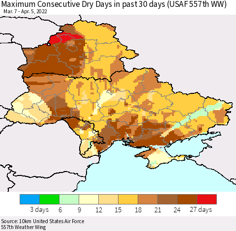 Ukraine, Moldova and Belarus Maximum Consecutive Dry Days in past 30 days (USAF 557th WW) 04/05/2022 Thematic Map For 4/1/2022 - 4/5/2022