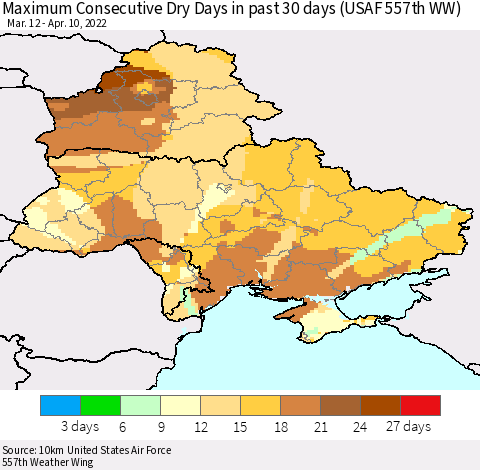 Ukraine, Moldova and Belarus Maximum Consecutive Dry Days in past 30 days (USAF 557th WW) 04/10/2022 Thematic Map For 4/6/2022 - 4/10/2022