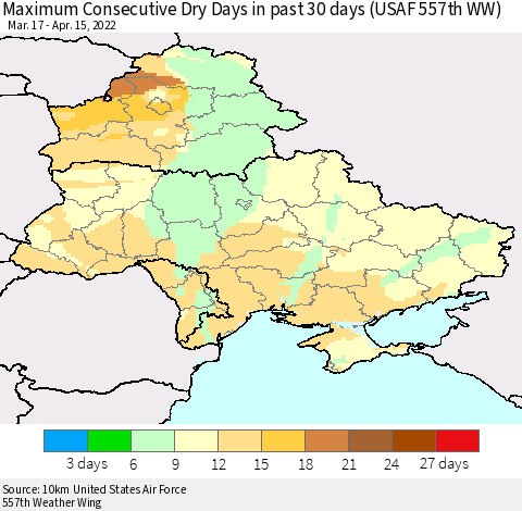 Ukraine, Moldova and Belarus Maximum Consecutive Dry Days in past 30 days (USAF 557th WW) 04/15/2022 Thematic Map For 4/11/2022 - 4/15/2022