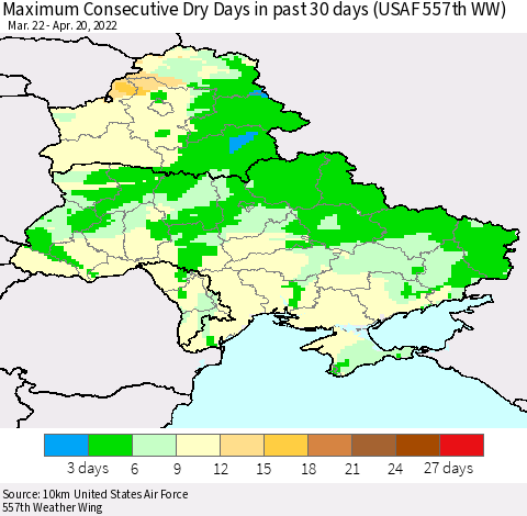 Ukraine, Moldova and Belarus Maximum Consecutive Dry Days in past 30 days (USAF 557th WW) 04/20/2022 Thematic Map For 4/16/2022 - 4/20/2022