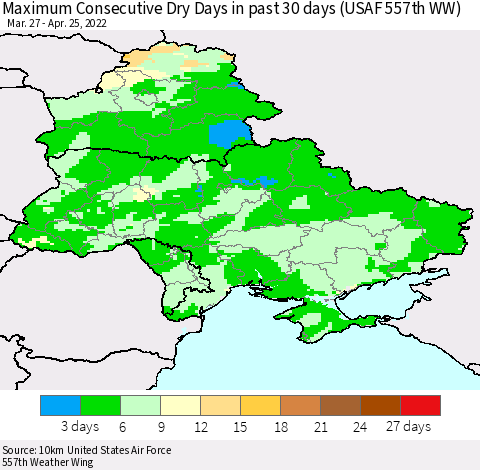 Ukraine, Moldova and Belarus Maximum Consecutive Dry Days in past 30 days (USAF 557th WW) 04/25/2022 Thematic Map For 4/21/2022 - 4/25/2022
