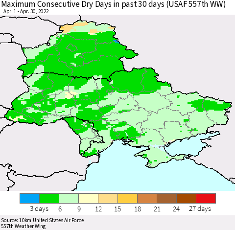 Ukraine, Moldova and Belarus Maximum Consecutive Dry Days in past 30 days (USAF 557th WW) 04/30/2022 Thematic Map For 4/26/2022 - 4/30/2022