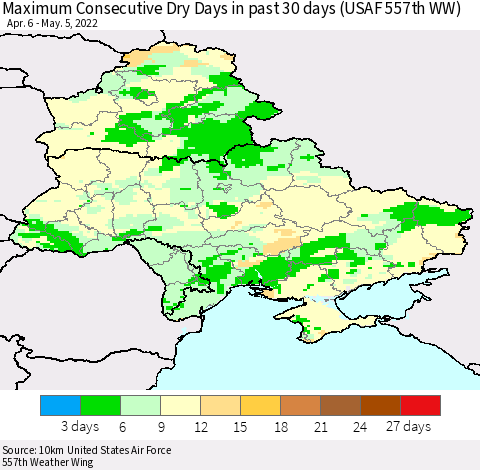 Ukraine, Moldova and Belarus Maximum Consecutive Dry Days in past 30 days (USAF 557th WW) 05/05/2022 Thematic Map For 5/1/2022 - 5/5/2022