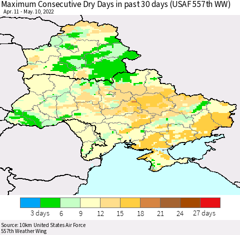 Ukraine, Moldova and Belarus Maximum Consecutive Dry Days in past 30 days (USAF 557th WW) 05/10/2022 Thematic Map For 5/6/2022 - 5/10/2022