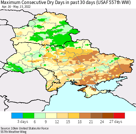 Ukraine, Moldova and Belarus Maximum Consecutive Dry Days in past 30 days (USAF 557th WW) 05/15/2022 Thematic Map For 5/11/2022 - 5/15/2022