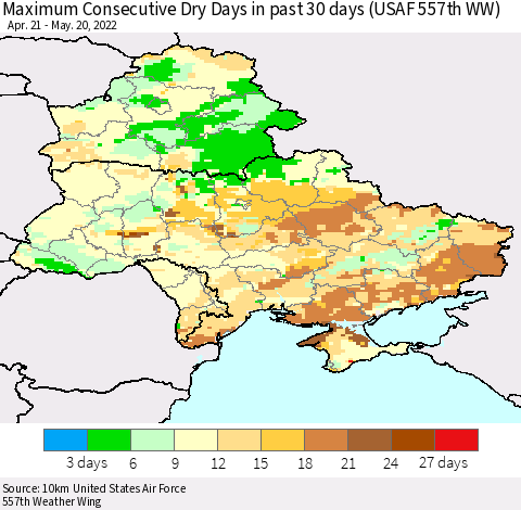 Ukraine, Moldova and Belarus Maximum Consecutive Dry Days in past 30 days (USAF 557th WW) 05/20/2022 Thematic Map For 5/16/2022 - 5/20/2022