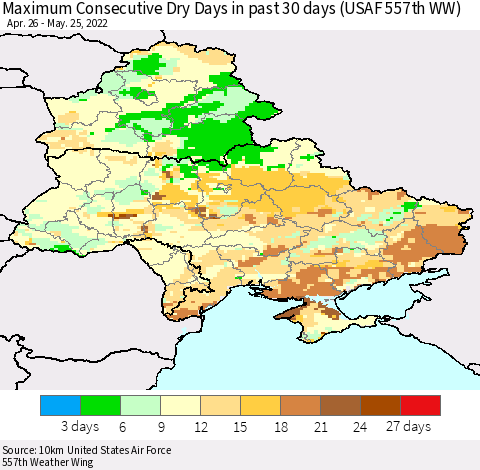 Ukraine, Moldova and Belarus Maximum Consecutive Dry Days in past 30 days (USAF 557th WW) 05/25/2022 Thematic Map For 5/21/2022 - 5/25/2022