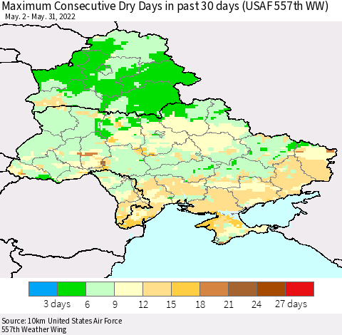 Ukraine, Moldova and Belarus Maximum Consecutive Dry Days in past 30 days (USAF 557th WW) 05/31/2022 Thematic Map For 5/26/2022 - 5/31/2022