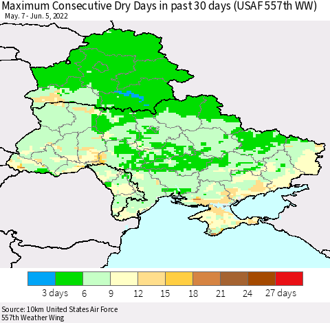 Ukraine, Moldova and Belarus Maximum Consecutive Dry Days in past 30 days (USAF 557th WW) 06/05/2022 Thematic Map For 6/1/2022 - 6/5/2022